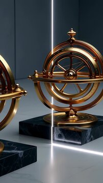 Spinning golden gyroscope on black marble base crossing a vertical light beam in a seamless 3D animation loop, symbolizing precision mechanics and navigation concepts