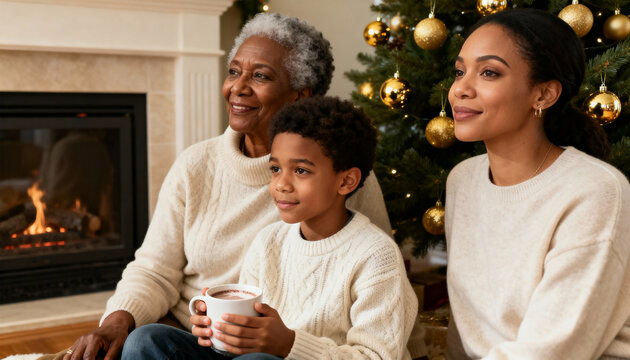 Portrait of a multi-generational black family at Christmas. Grandmother, mother, and son in cozy sweaters by the fireplace and tree. Holiday togetherness concept - Powered by Adobe