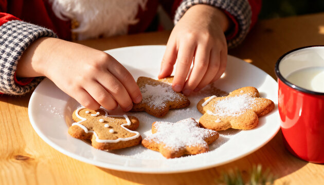 Child hands decorating gingerbread cookies on a white plate. Festive Christmas baking scene with red milk mug on wooden table. Holiday tradition concept