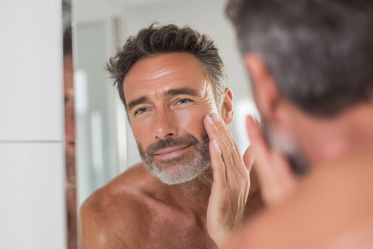 Man caring for his skin in a bright bathroom while looking in the mirror during morning routine