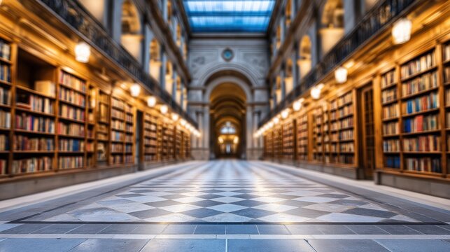Blurred view of a grand library interior with tall bookshelves and warm lighting creating a serene atmosphere.