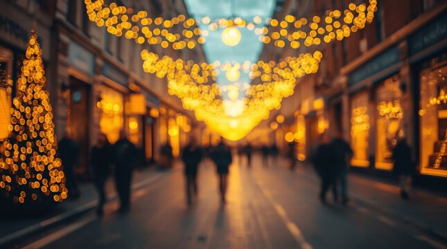 Christmas street with glowing holiday lights and blurred silhouettes of people walking among festive decorations, warm golden bokeh atmosphere of winter evening in the city