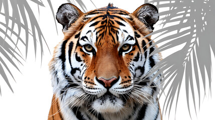 Fototapeta premium Highly Detailed Close-up Portrait of a Majestic Tiger with Subtle Palm Shadows