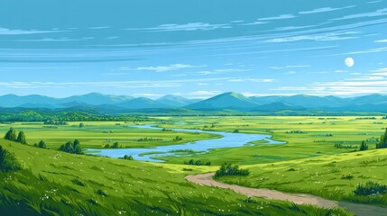 Naklejka premium A beautiful landscape depicts a winding river flowing through vibrant green fields. The serene scene is enhanced by distant mountains under a clear blue sky and a shining moon.