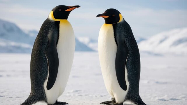 Two emperor penguins stand face-to-face on snowy terrain. Captured from a low angle, the scene resembles a nature documentary video. Live desktop wallpaper.