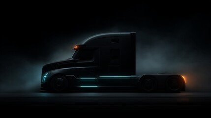 Sleek black semi-truck silhouette illuminated by soft blue and orange lights, set against a dark misty background, showcasing modern design and powerful presence in transportation