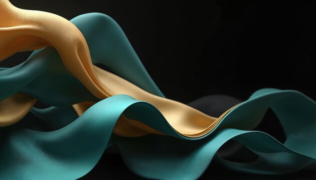 Teal and gold flowing ribbons drift across dark background. Smooth fabric curves create elegant, abstract motion. Modern digital art, organic waves.