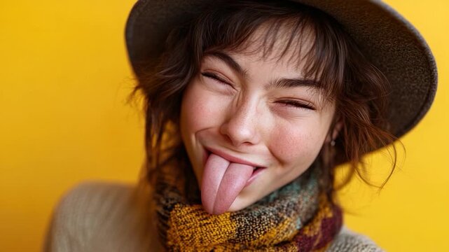 Video A woman wearing a hat and sticking out her tongue in a playful gesture