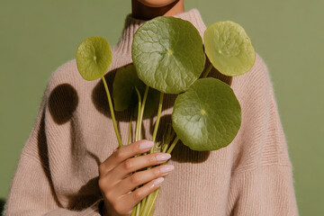 A stylish hand holding vibrant green leaves against a soft green backdrop, featuring cozy textures in a modern, minimalist style.