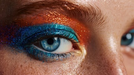 A close-up view highlights striking blue and orange glitter eye makeup applied flawlessly. The bright colors enhance the model's captivating blue eyes, showcasing artistry and creativity.
