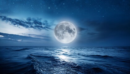 calm night scene featuring a full moon shining over a vast ocean with gentle waves and misty clouds creating a serene and mystical atmosphere