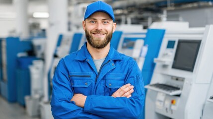 A factory worker, dressed in blue uniform and cap, stands with arms crossed in a bustling industrial facility. Equipment and machinery fill the background, showcasing a productive environment.