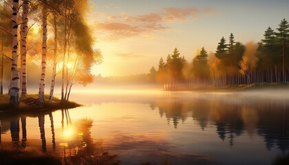 golden sunrise over serene forest lake with birch trees and misty reflections n idyllic nature landscape painting