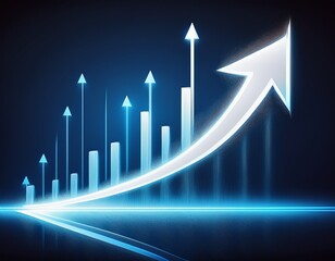 glowing white arrow graph shows upward trend on dark blue background