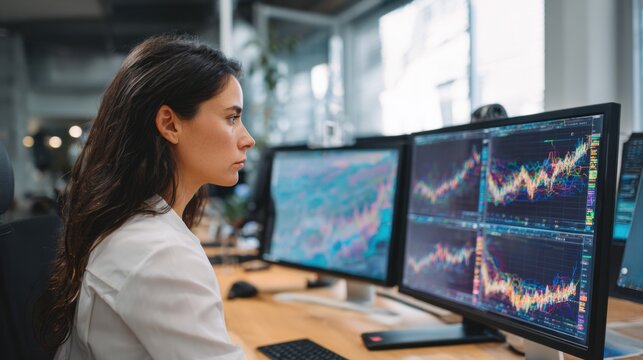 A professional woman is deeply engaged in analyzing stock market data displayed on several large monitors, in a bright, contemporary office space filled with natural light.