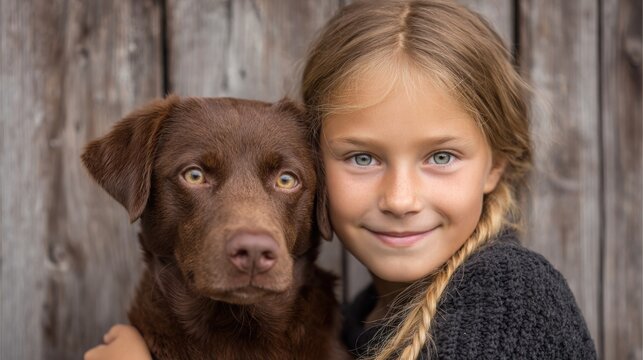 A cheerful young girl is smiling while hugging a brown dog, both appearing content. The warm sunlight enhances the scene, set against a rustic wooden backdrop.