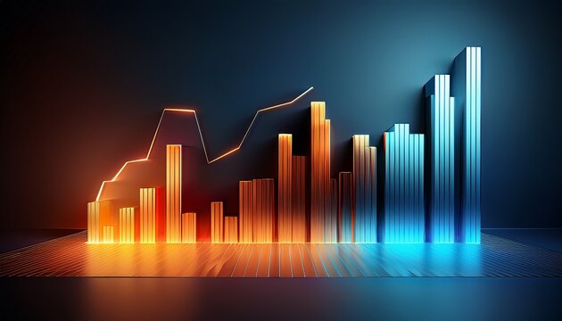3d bar graph showing upward trend with blue and orange gradient lighting - Powered by Adobe