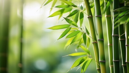 close up view of tall green bamboo stalks with leafy branches in soft natural light creating a serene and calming atmosphere