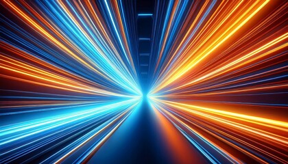 dynamic neon light tunnel abstract background with glowing blue and orange rays futuristic hyperspace vortex for digital art technology and sci fi themes