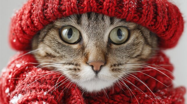 Fluffy tabby cat wraps in a bright red knit hat and scarf, showcasing a curious expression while surrounded by soft white snowflakes indoors during winter.