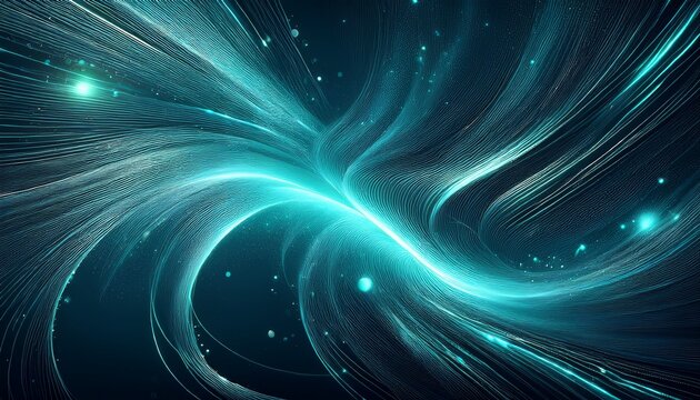 abstract swirling particles of teal light on a dark blue background