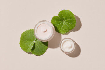 A minimalistic flat lay featuring two jars of cream atop green leaves, showcasing a soothing skincare aesthetic.