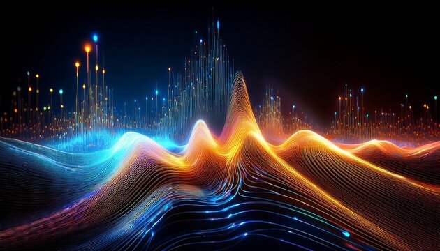 abstract visualization of sound waves or data streams with glowing particles