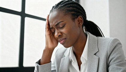 Stressed African American businesswoman suffering from headache. Tired female employee having migraine pain in office. Workplace burnout concept