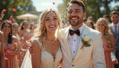 Newlyweds smile brightly showered with rice petals during outdoor ceremony. Bride in white lace dress, groom in cream suit celebrate union. Guests in soft focus watch union happy.