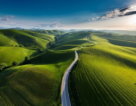 aerial view of winding road through lush green fields and rolling hills in summer - Powered by Adobe
