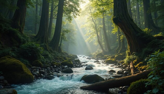 Lush forest with river flowing through. Sunlight streams down on water. Tall trees flank riverbanks. Rocks cover the water bed and part of shore.