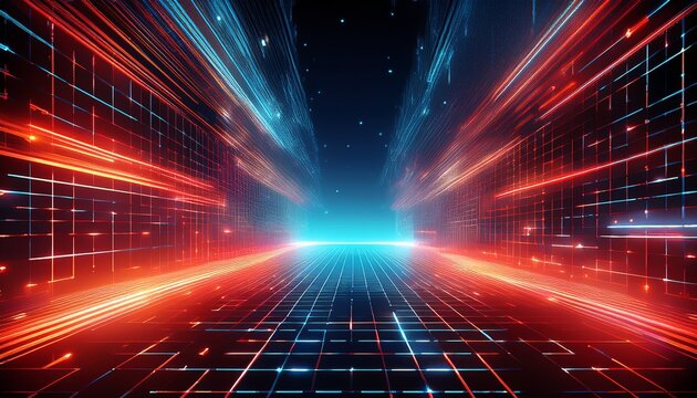 futuristic grid pattern with neon red and blue light digital cyberspace - Powered by Adobe