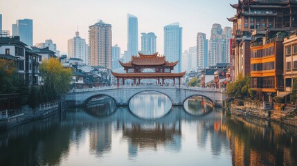 Fototapeta premium bridge over the lake that crosses the city generative ai