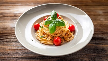 delicious spaghetti pasta dish topped with fresh basil and cherry tomatoes on rustic wooden table