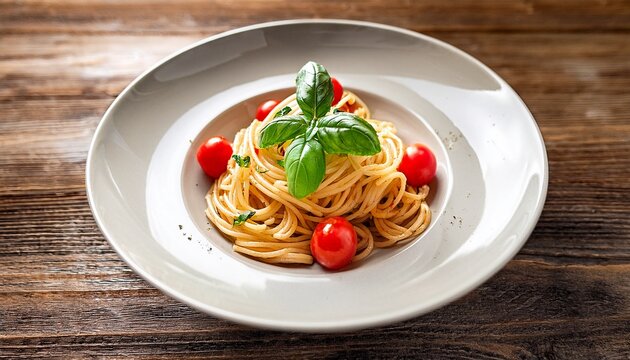 delicious spaghetti pasta dish topped with fresh basil and cherry tomatoes on rustic wooden table