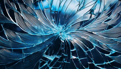 shattered glass texture background with radiating cracks and blue tones abstract broken window surface representing impact fragility and danger