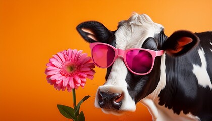 black and white cow wearing bright pink sunglasses standing next to pink flower on vibrant orange background