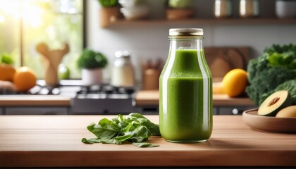 freshly prepared green smoothie in a glass bottle on a wooden kitchen countertop