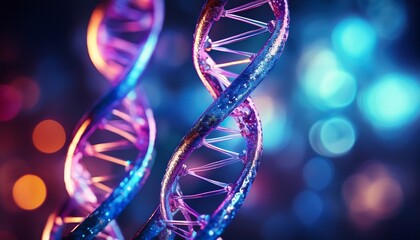 close up view of a glowing blue and purple double helix dna strand floating in a soft focus background evoking scientific discovery and complexity
