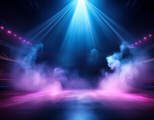 bright stadium arena lights smoke bombs empty dark scene neon light spotlights the concrete floor and studio room with smoke float up the interior texture night view for display products