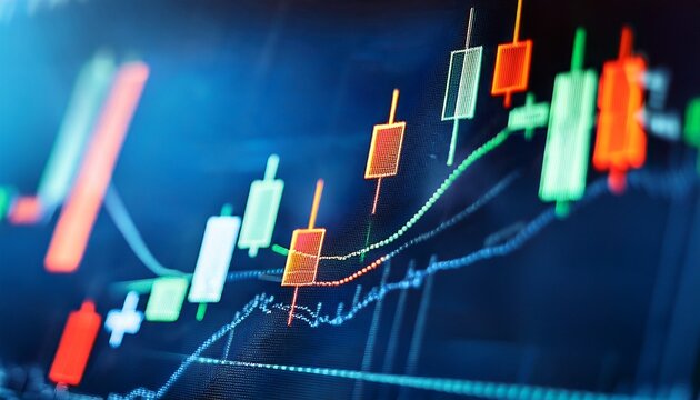 closeup of a financial stock market candlestick chart with uptrend and downtrend