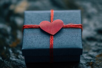 A blue gift box with a red heart in the center, wrapped with a ribbon. On a dark blue background.