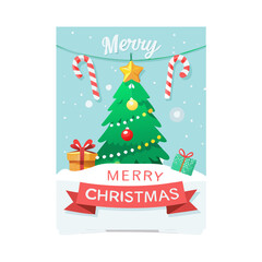 vertical Christmas greeting card banner in paper cut style with tree, candy cane, light bulb, ribbon, snow, star, copy space, decoration, typography and festive holiday background template 