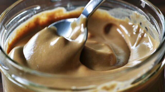 Thick peanut butter being stirred in an extreme macro view, forming viscous glossy folds as tiny air pockets collapse and warm creamy peaks move in a soft shallow ribbon of swirling texture.