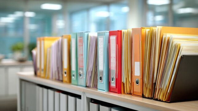 Colorful binders filled with documents sit neatly on a desk in a contemporary office, showcasing an organized workspace illuminated by natural light from large windows.