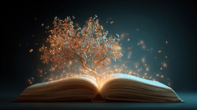 A bright tree with autumn leaves grows out of an open book, casting a warm glow.