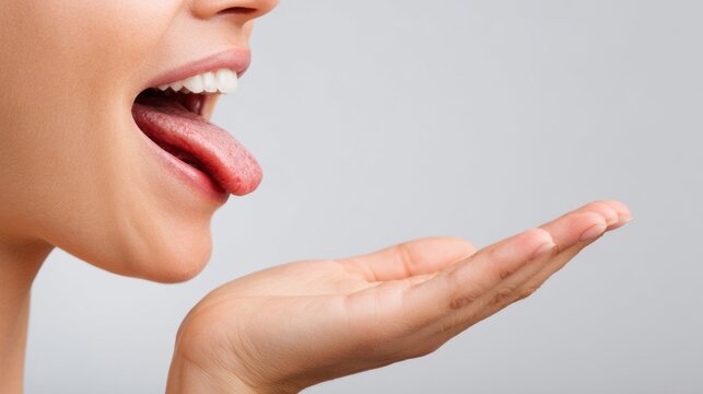 A person shows a playful attitude by sticking out their tongue while holding their open palm nearby. This lighthearted action conveys a sense of joy and spontaneity.