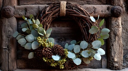 Natural wreath made of twigs, adorned with eucalyptus leaves and pine cones, hanging on rustic wooden background, creating a warm and inviting atmosphere for seasonal decor