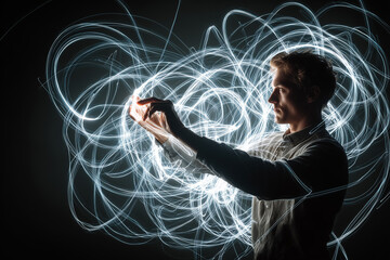 man creating glowing dynamic light trails with hand gestures in dark space creating energetic abstract pattern