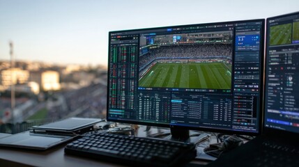 A large computer monitor shows live game footage alongside real-time statistics and data analysis, capturing the excitement of sport enthusiasts in the stadium during a match.